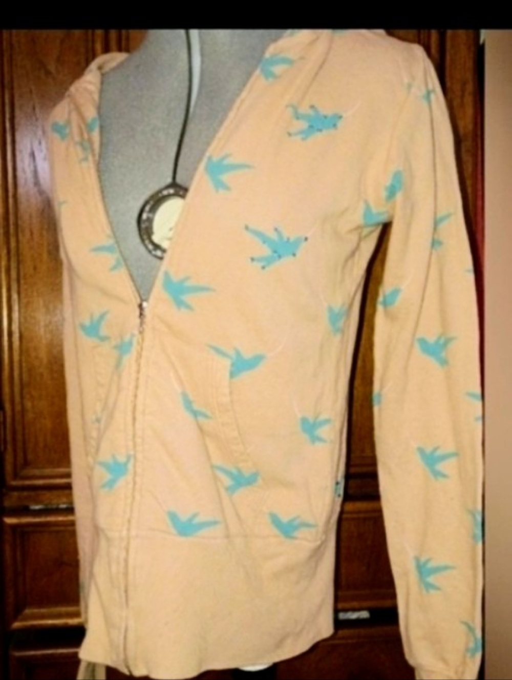 Rare PRIMP Y2K rhinestone hoodie with swallows in teal